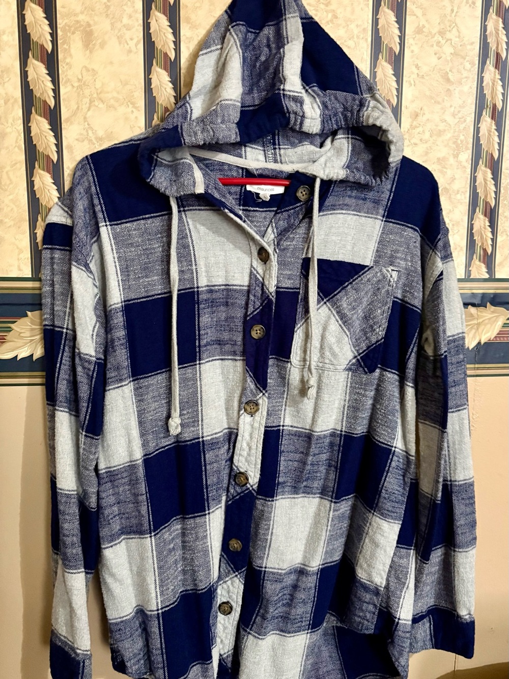 Women’s Blue and Gray Hooded Plaid Button-Up Shirt